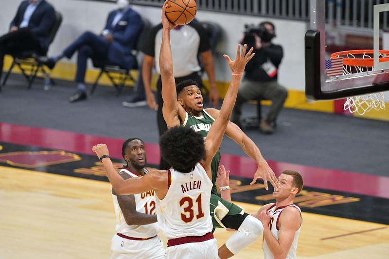 Giannis Antetokounmpo goes in for the dunk.